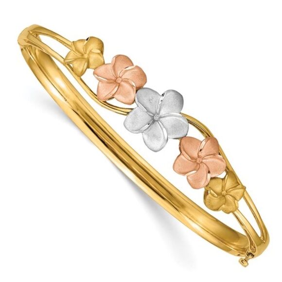 14k Tri-color Plumeria Hinged Bangle - Picture 1 of 14